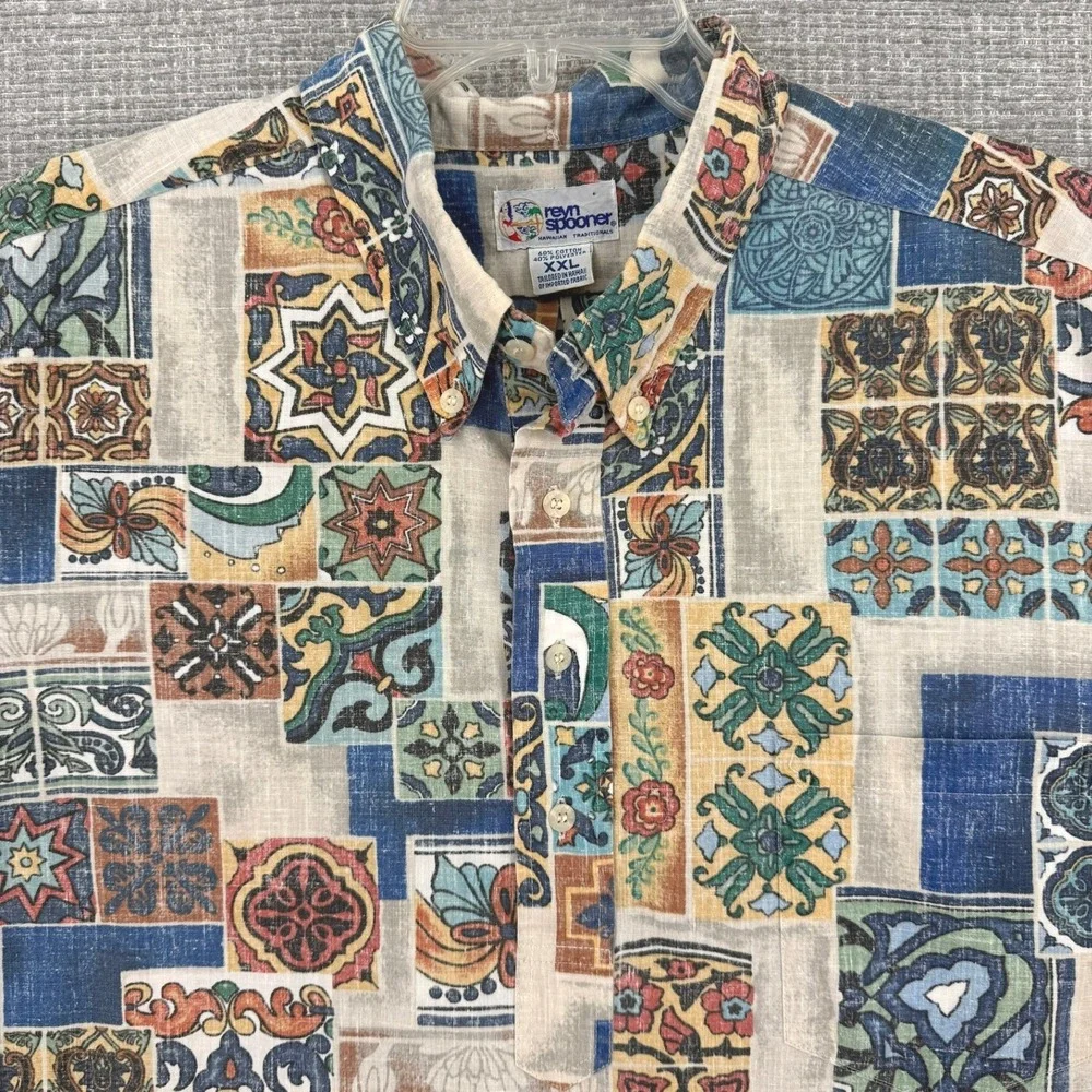 Vtg 90's Reyn Spooner Shirt Sz‎ 2XL Catalina Tiles RARE Art Kloth Popover